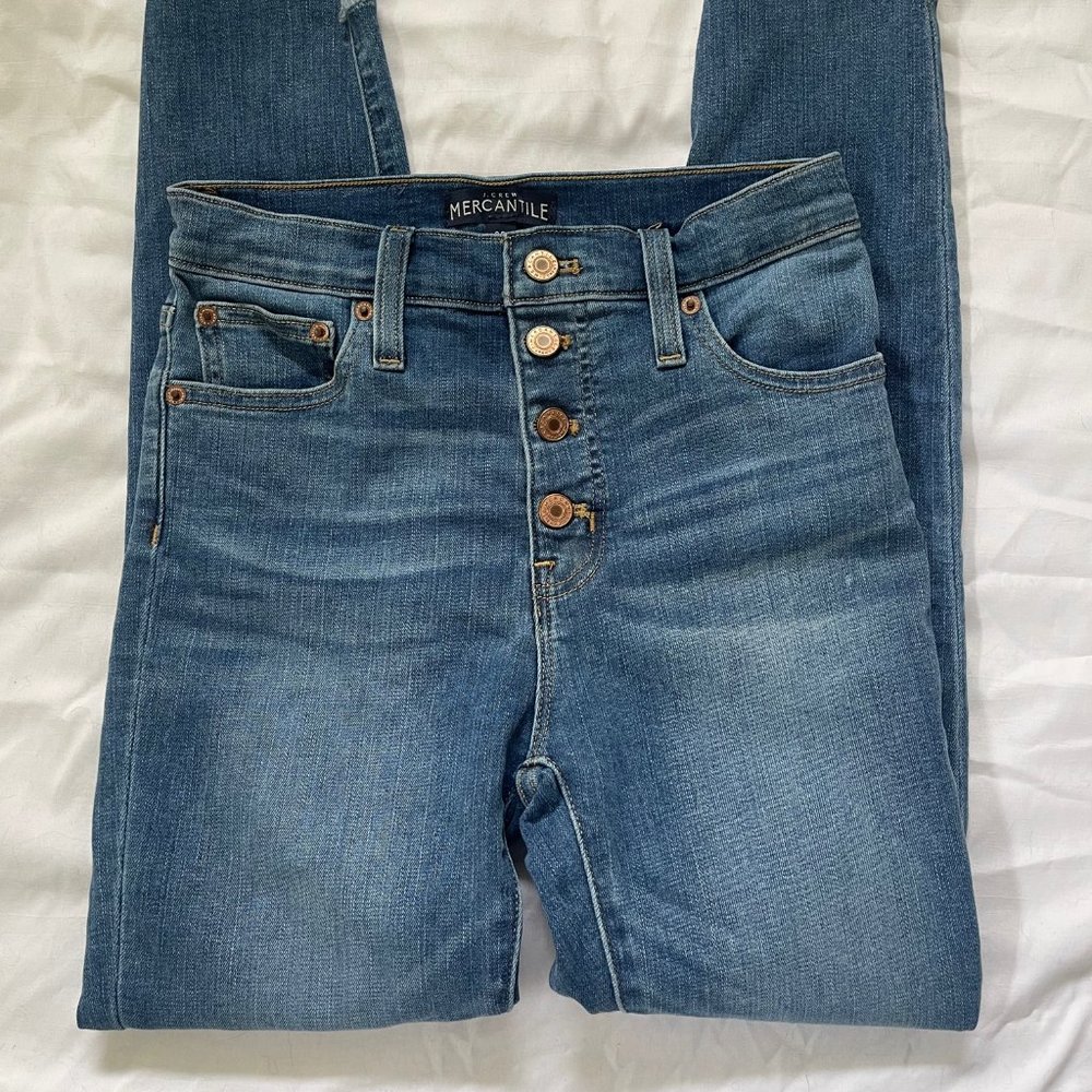J. Crew Mercantile High Waisted Button Fly Raw Step Hem Jeans Size 25 | 0